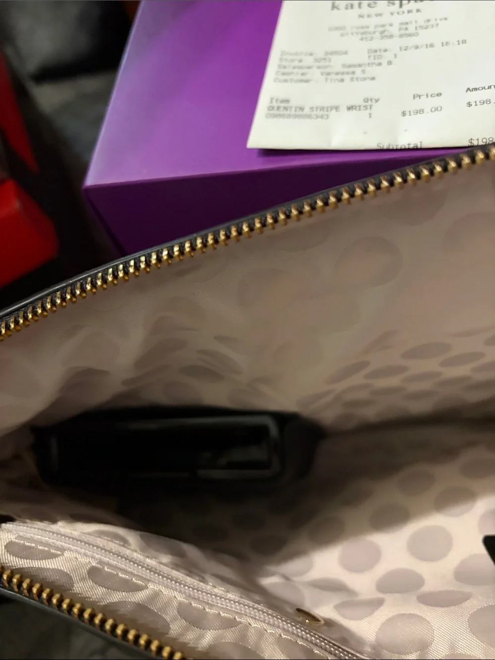 Kate Spade Quentin Black and White Striped Wristlet Pouch with Apple charger
